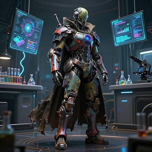 Photorealistic CGI of a cybernetic warrior with glowing blue accents, wearing a tattered cloak, standing in a futuristic lab with glowing holographic