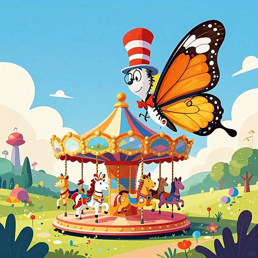 Colorful cartoon of a whimsical carousel with a smiling white cat in a red-striped hat, an orange and black butterfly, and colorful horses, set
