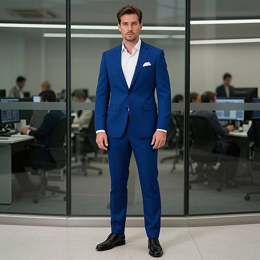 Photograph of a handsome, dark-haired man in a navy blue suit, white shirt, and black shoes, standing in a modern office with glass walls