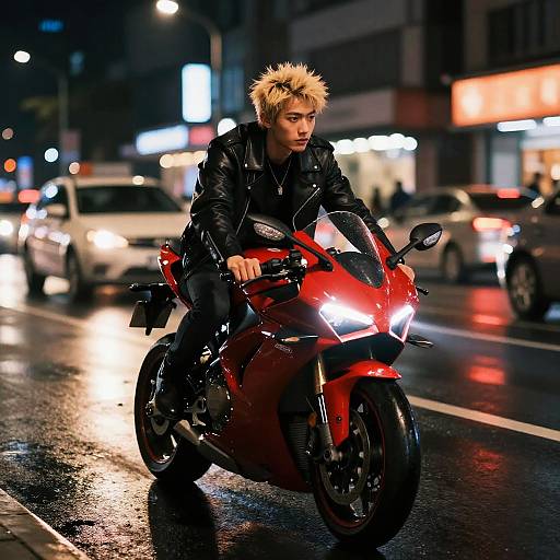 Young Man Riding Sport Motorcycle at Night