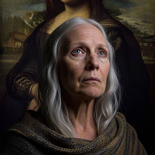 Photorealistic digital portrait of an elderly woman with white hair, blue eyes, and wrinkled skin, wearing a brown textured cloak, standing in front
