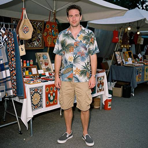 Photograph of a man in a tropical shirt, beige shorts, and black slip-ons standing at an outdoor craft market with colorful embroidered items and tables under