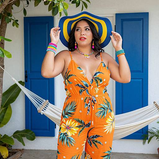 Photograph of a curvy Latina woman in an orange floral jumpsuit, blue hat, and colorful bracelets, standing in front of blue-shuttered