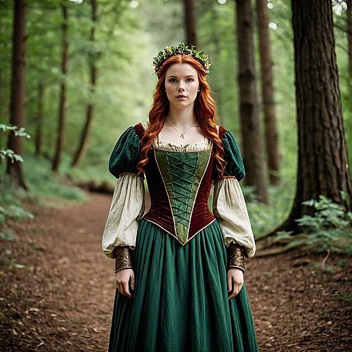 Medieval Woman in Green Dress with Floral Crown in Forest