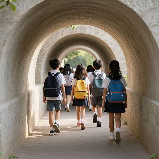 Photograph of five Asian schoolchildren walking through a sunlit, arched stone tunnel, each carrying a backpack in different colors.