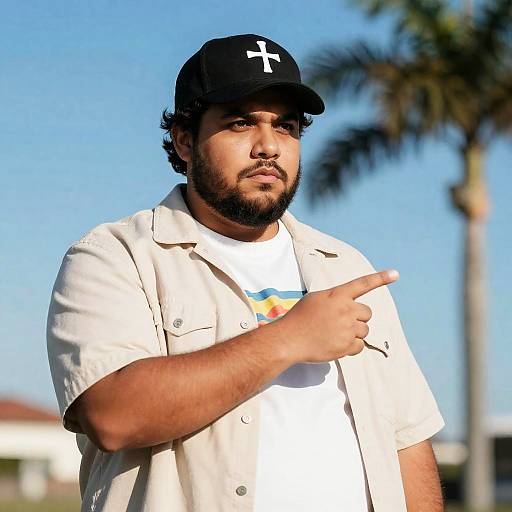 Man Pointing Outdoors Wearing Black Cap