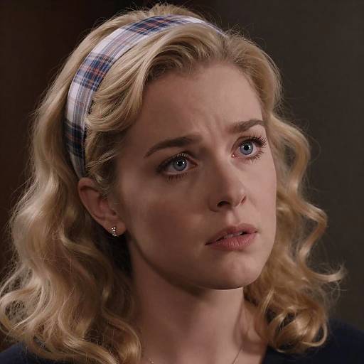 Concerned Blonde Woman with Plaid Headband