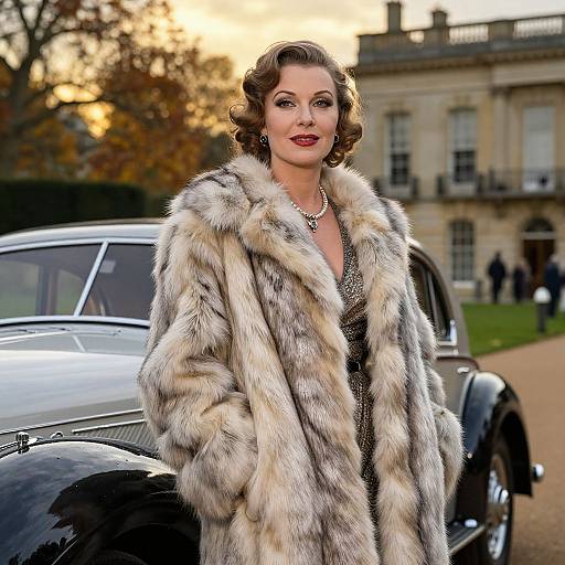 Vintage-style photograph of a glamorous woman in a luxurious gray fur coat, standing beside a classic black car, in front of an elegant mansion with autumn trees