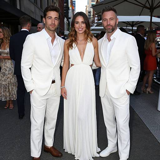 Photograph of three people: two men in white suits, one woman in a deep V-neck white dress, standing on a city street.