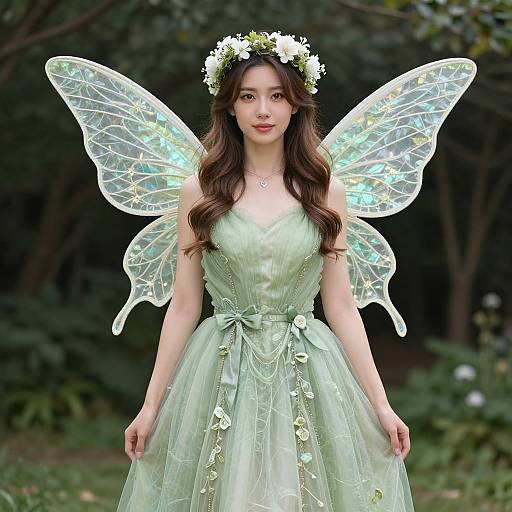 Photograph of an Asian woman with long brown hair, wearing a green fairy dress, transparent wings, and a flower crown, standing in a forest.