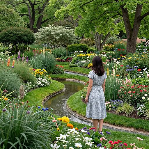 Photograph of a woman in a white patterned dress standing by a curved garden path, surrounded by vibrant, colorful flowers and lush greenery.