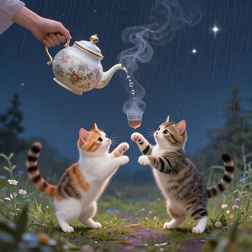 Photograph of two curious kittens, one orange-and-white, one gray-and-black tabby, reaching up as a hand pours tea from a floral te