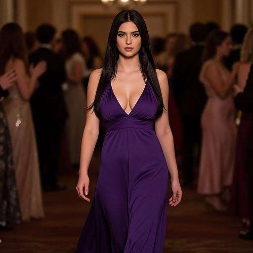 Photograph of a brunette woman with long hair, wearing a deep purple, plunging V-neck gown, walking down a dimly lit, elegant hallway