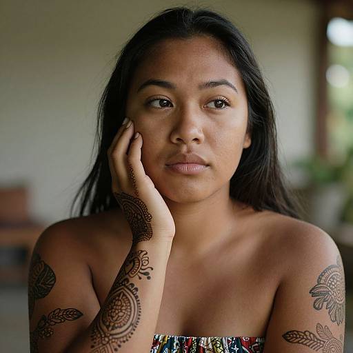 Photograph of a young Asian woman with long black hair, brown eyes, and intricate henna tattoos on her arms, wearing a colorful strapless top