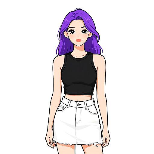 Digital anime-style drawing of a young woman with vibrant purple hair, wearing a black sleeveless crop top and white high-waisted denim skirt, standing