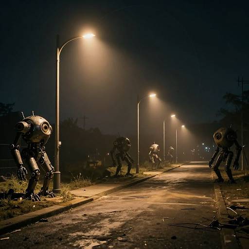 Nighttime photograph of a dark, foggy street illuminated by streetlights, featuring four robotic figures with mechanical arms and cylindrical heads. The road is wet