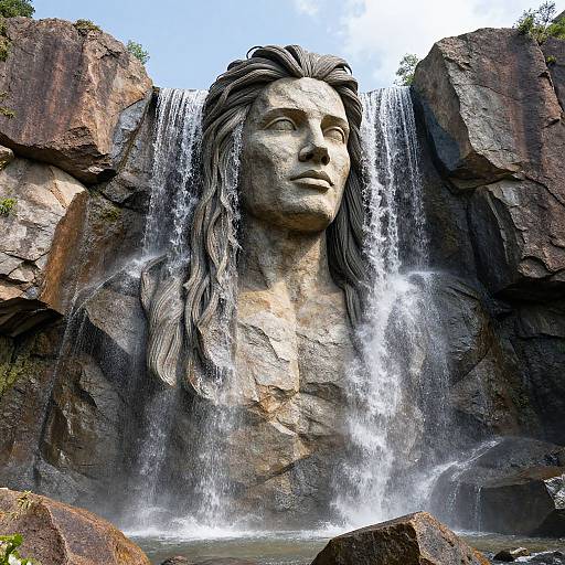 Photograph of a large, stone statue of a lion-headed figure with flowing hair, positioned behind a cascading waterfall, surrounded by rugged rocks and green