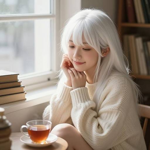 Photograph of a young woman with white hair, wearing a cream knit sweater, sitting by a sunlit window, smiling, with a tea cup on