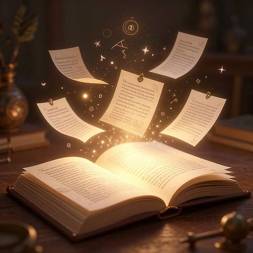 Photograph of an open, glowing book with floating, illuminated pages surrounded by magical sparkles and symbols, set on a dark wooden table.