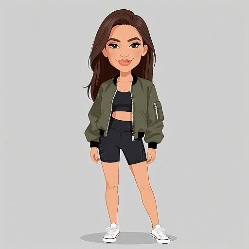 Digital cartoon of a young woman with long brown hair, wearing a green jacket, black sports bra, and shorts, standing confidently against a white background.