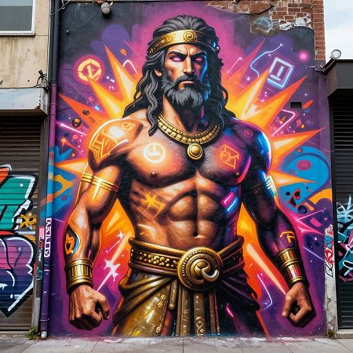 Vibrant graffiti mural of a muscular, bearded Zeus-like figure with glowing tattoos, gold headband, and armlets, standing against a colorful