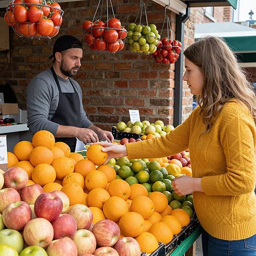 Woman Selecting Fruit at Market Stall