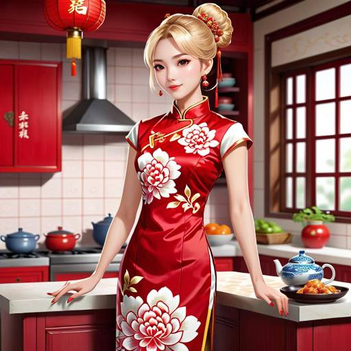 Woman in Traditional Chinese Dress in Kitchen