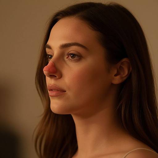 Photograph of a young woman with fair skin, brown hair, and brown eyes, gazing slightly to the right with a calm expression, softly lit