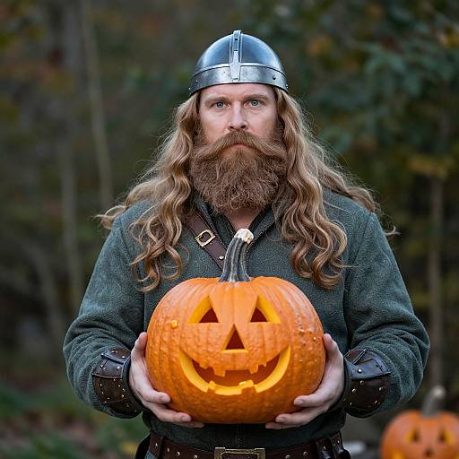Photograph of a bearded Viking man with long hair, wearing a metal helmet and dark wool tunic, holding a carved, glowing orange pumpkin with