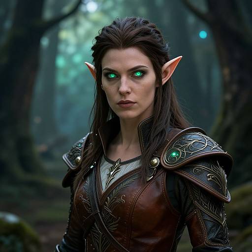 Digital artwork of a fierce, elf-like woman with glowing green eyes and pointed ears, wearing ornate dark leather armor in a misty forest.