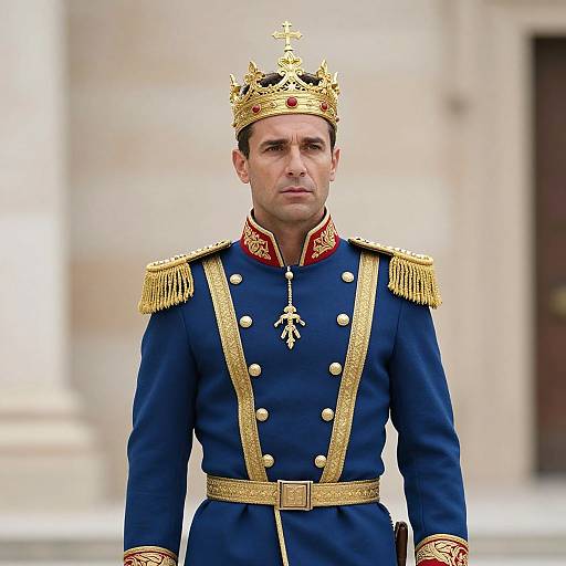 Photograph of a stern-looking man in a royal blue military uniform with gold epaulettes, red trim, and a gold crown, standing in