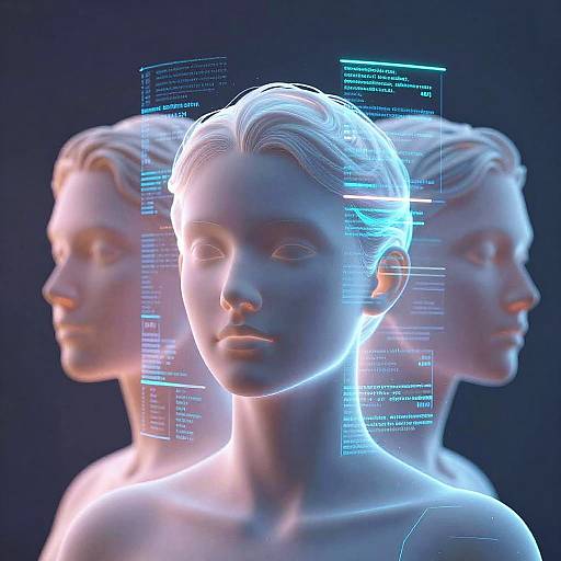 Digital CGI of glowing, blue-lit, classical-style female busts with neon text overlays against a dark background, creating a futuristic, ethereal effect