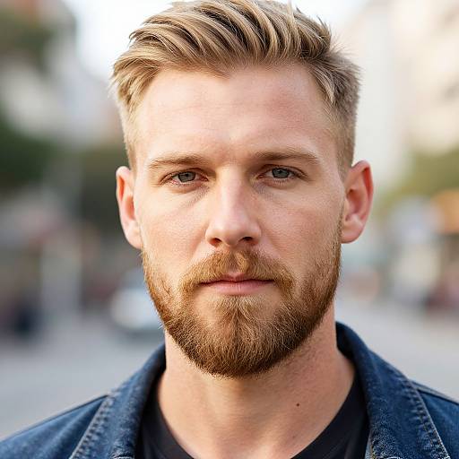 Photograph of a bearded, fair-skinned man with blond hair, blue eyes, and a denim jacket, standing outdoors with a blurred urban background