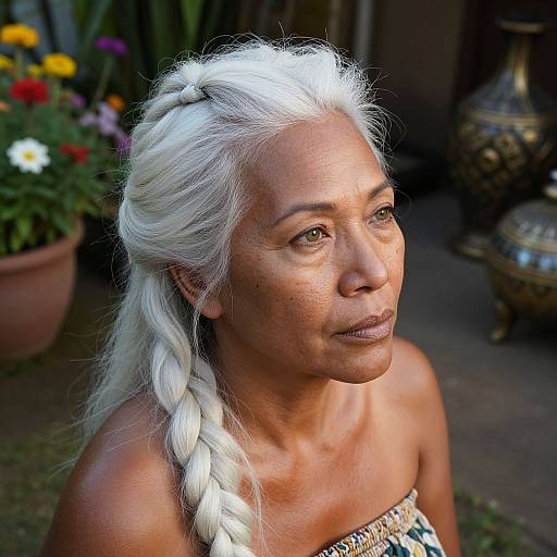 Photograph of an elderly woman with white braided hair, medium brown skin, and subtle makeup, wearing a strapless floral top, against a background