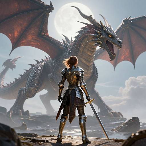 Digital art: armored warrior with sword facing fierce, red-winged dragon under bright sun; rocky landscape in the background. Epic fantasy battle scene.