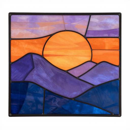 Stained glass artwork of a sunset over purple mountains, featuring a vibrant orange sun, dark blue and purple mountain shapes, and a multicolored sky