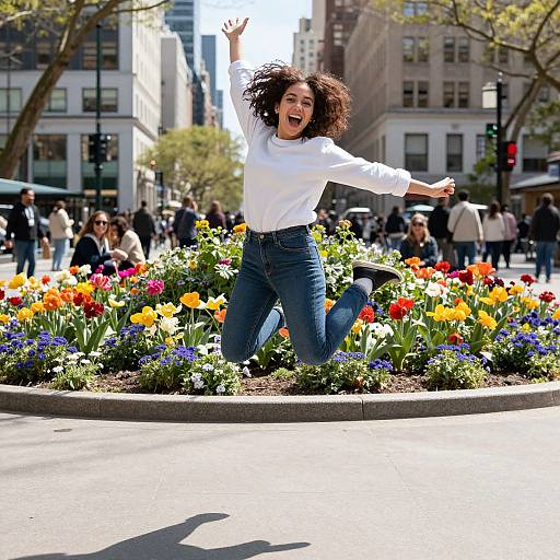 Photograph of a joyful, curly-haired woman in a white shirt and blue jeans, jumping mid-air in a vibrant city square filled with colorful tulips