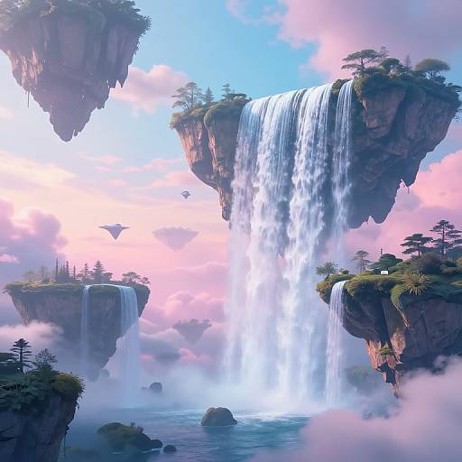 Digital fantasy artwork of floating islands with cascading waterfalls, lush greenery, pink clouds, and a bright blue sky. Dramatic, ethereal