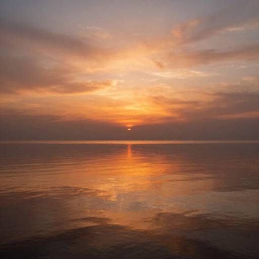 Photograph of a serene sunset over a calm, reflective ocean. The sky is painted with vibrant oranges, pinks, and purples, mirroring