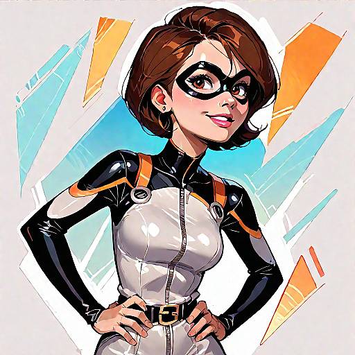 Stylized cartoon woman in superhero bodysuit