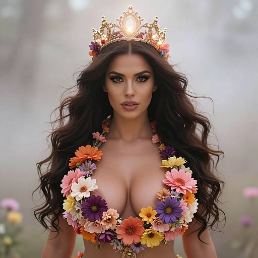 Photorealistic digital artwork of a dark-haired woman with large breasts, wearing a flower crown and a floral bikini top, standing in a blurred, sunny