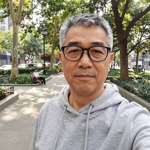 Photograph of an older Asian man with short gray hair, black glasses, and a light gray hoodie, standing in a sunny park. Trees and a