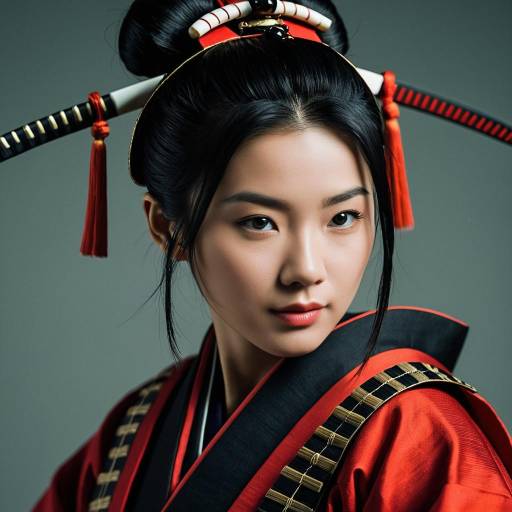 Portrait of Asian Female Samurai in Red and Black Armor