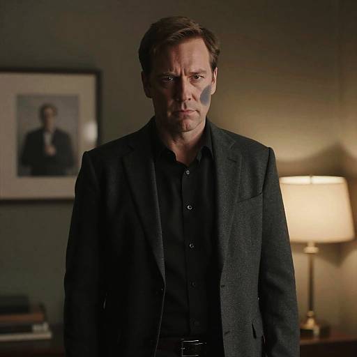 Photograph of a serious, middle-aged man with a black face paint mark, wearing a black suit and shirt, standing in a dimly lit room