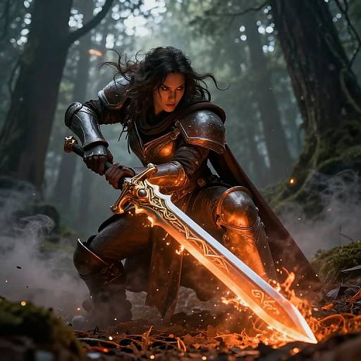 Digital fantasy artwork: Dark-haired female warrior in shiny black armor kneels in forest, sword glowing with orange flames, misty background.