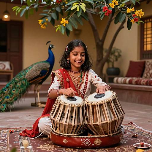 Indian woman in traditional red and white attire plays double drums, smiling, with a peacock in background, under a blooming tree. Photographic image