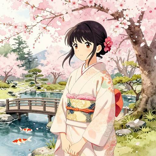 Anime-style digital illustration of a black-haired girl in a white kimono with pink obi, standing by a cherry blossom tree, near a wooden bridge