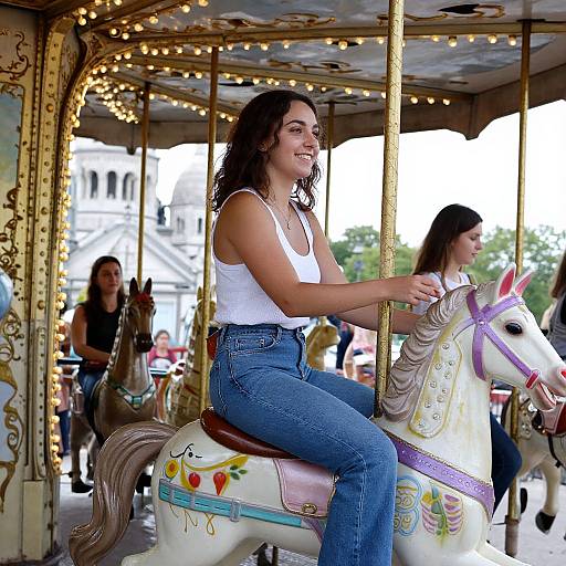 Photograph of a smiling woman with wavy dark hair, wearing a white tank top and blue jeans, riding a colorful, ornate carousel horse with