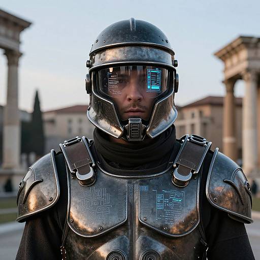 Photorealistic CGI of a serious man in futuristic, reflective metallic armor with a visor, standing in a blurred ancient Roman courtyard.