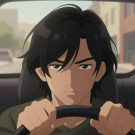 Intense Young Man Driving in Urban Scene